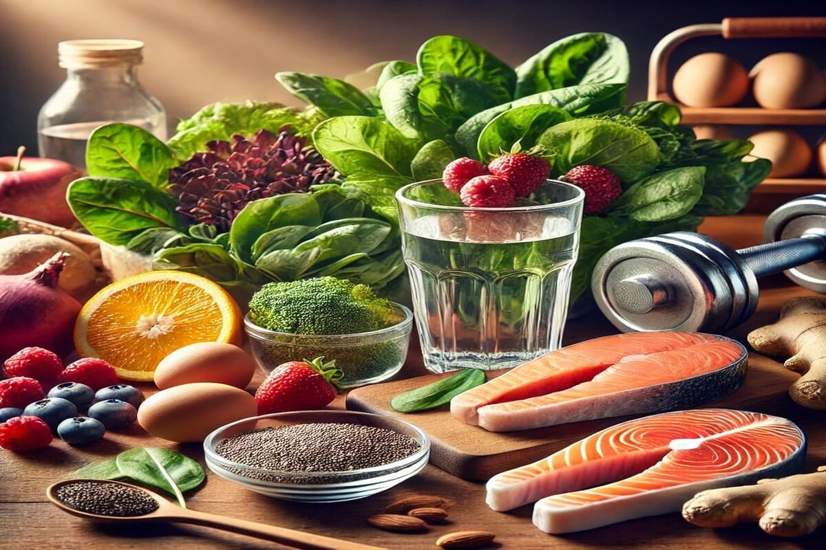 Alimentos saudáveis para emagrecer, incluindo folhas verdes, frutas vermelhas, ovos, salmão, gengibre e chia, dispostos sobre uma mesa de madeira, com um copo de água e um haltere ao lado.