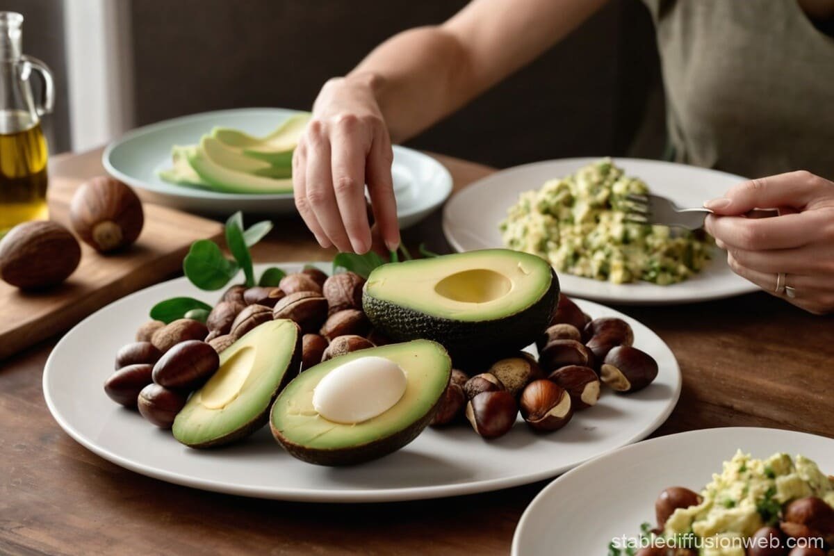 Imagem ilustrativa de uma alimentação saudável baseada na dieta low carb, com alimentos como carnes magras, vegetais, nozes e abacate, representando um estilo de vida equilibrado e sustentável.