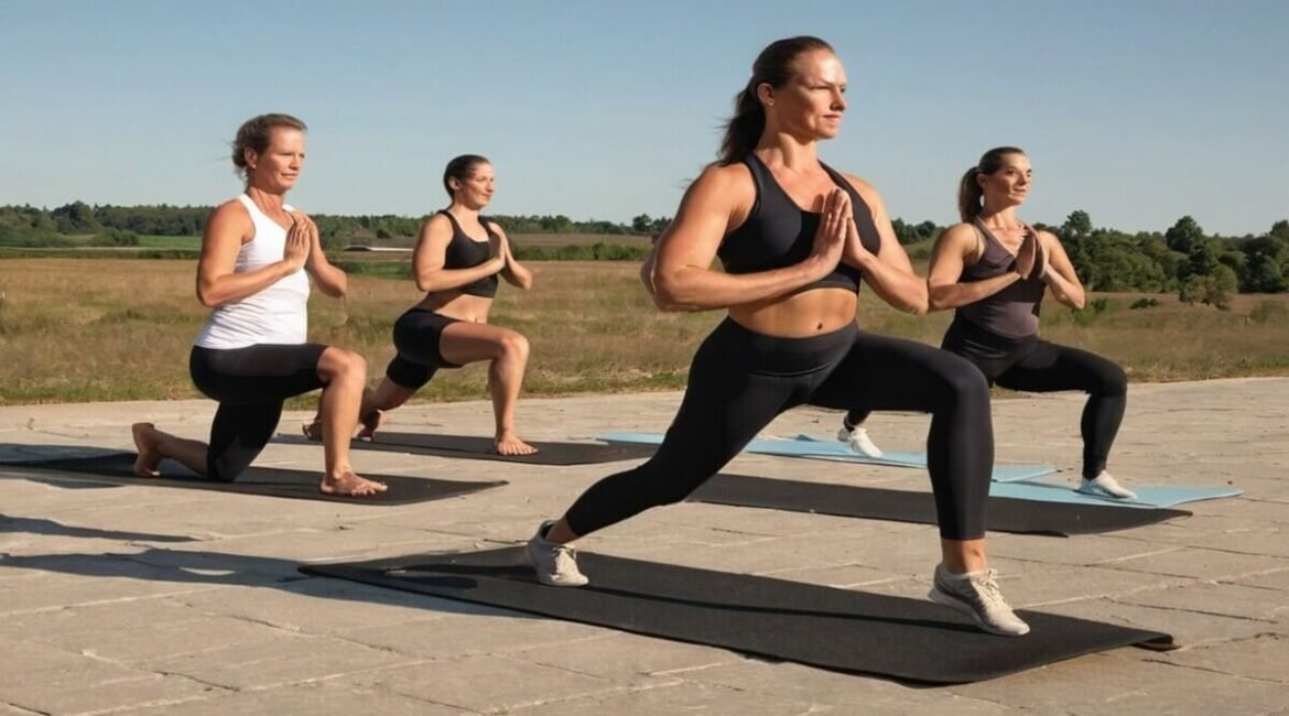 "Pessoas praticando diferentes tipos de exercícios físicos ao ar livre, incluindo corrida, agachamentos e yoga, representando o hábito de se exercitar para diversos objetivos de saúde e bem-estar."