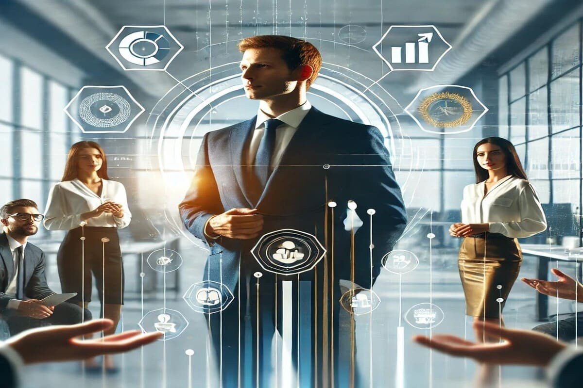 Líder confiante orientando equipe em ambiente corporativo moderno, simbolizando desenvolvimento profissional, mentoria e gestão eficaz.