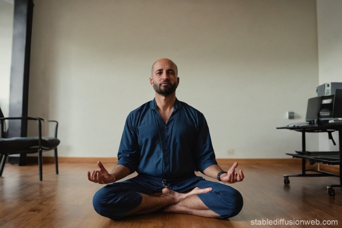 rofissional meditando em um escritório tranquilo, sentado em posição de meditação, com um laptop e anotações organizadas ao lado, simbolizando foco, equilíbrio e produtividade no trabalho.