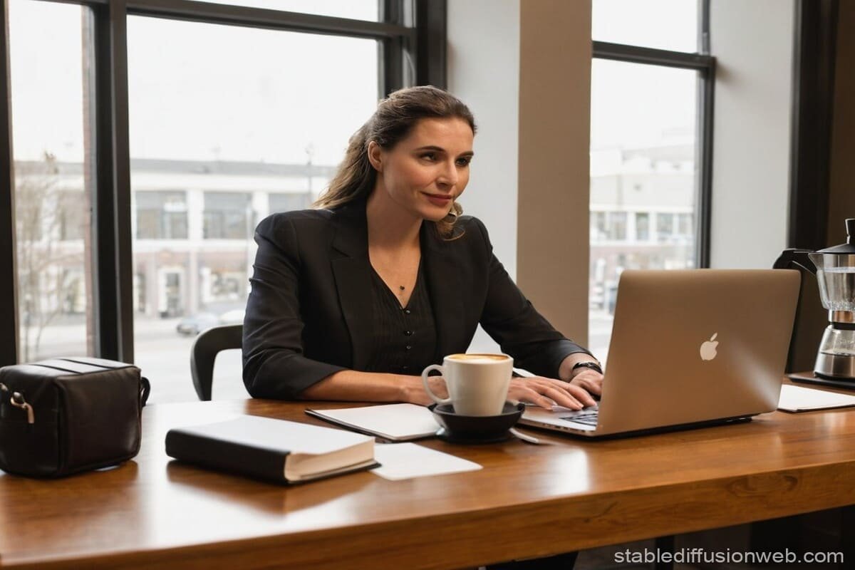 Profissional concentrado trabalhando em um ambiente organizado com laptop, café e caderno, representando produtividade e eficiência no trabalho.