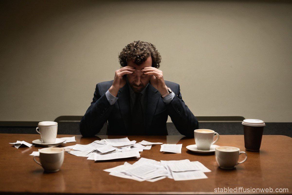 Profissional exausto segurando a cabeça em frente ao computador, com mesa desorganizada e ambiente estressante. Ao fundo, uma versão mais equilibrada da mesma pessoa, simbolizando hábitos saudáveis contra o Burnout."
