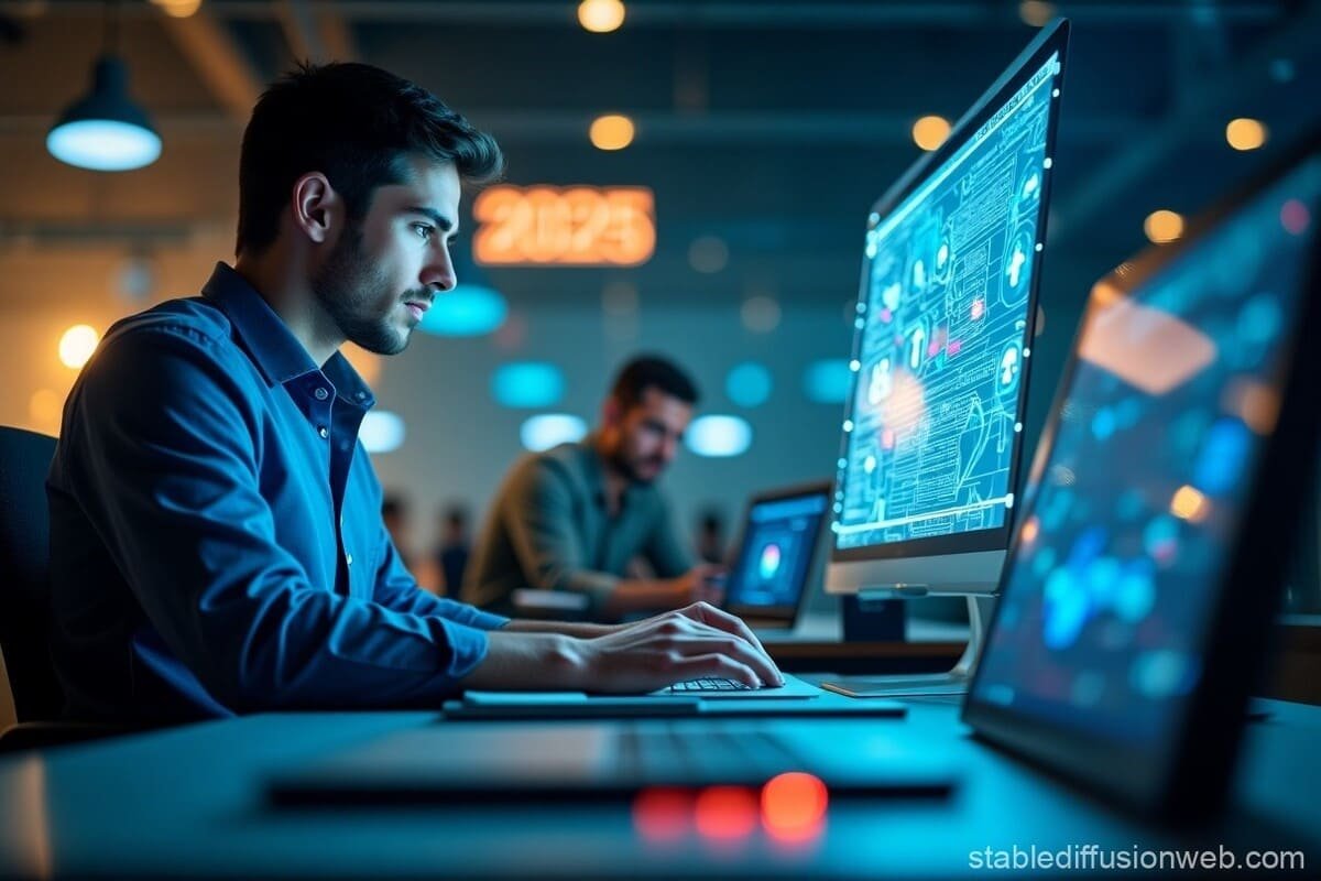 Ilustração de um empreendedor moderno em um escritório futurista, cercado por tecnologia, inteligência artificial, gráficos financeiros e inovação, representando as tendências de negócios lucrativos para 2025.