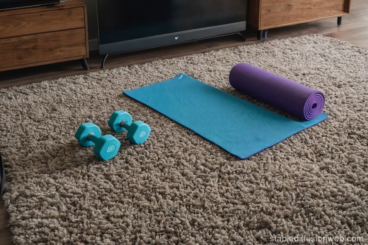 Pessoa treinando em casa com exercícios no tapete, seguindo um vídeo de treino em um laptop, promovendo um estilo de vida saudável e acessível.