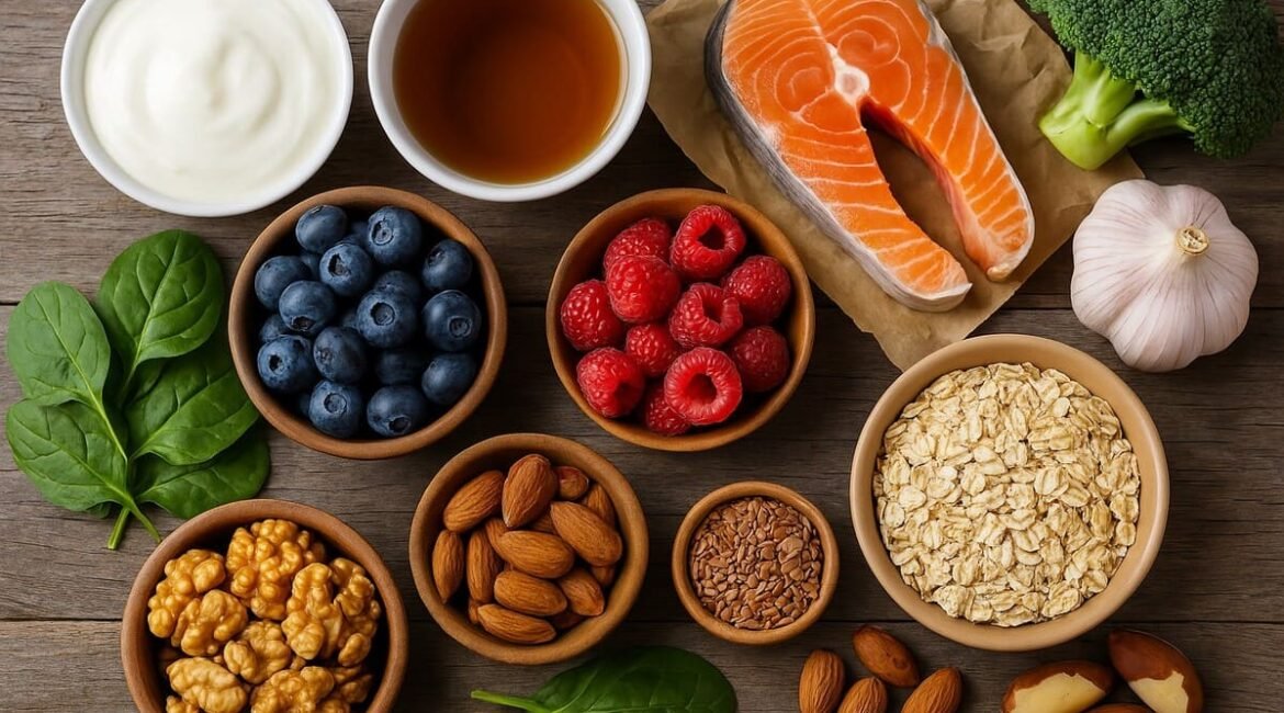 Collage de alimentos funcionais como frutas vermelhas, aveia, peixes ricos em ômega-3, chá verde, linhaça e nozes, representando hábitos saudáveis para melhorar a saúde de forma natural.