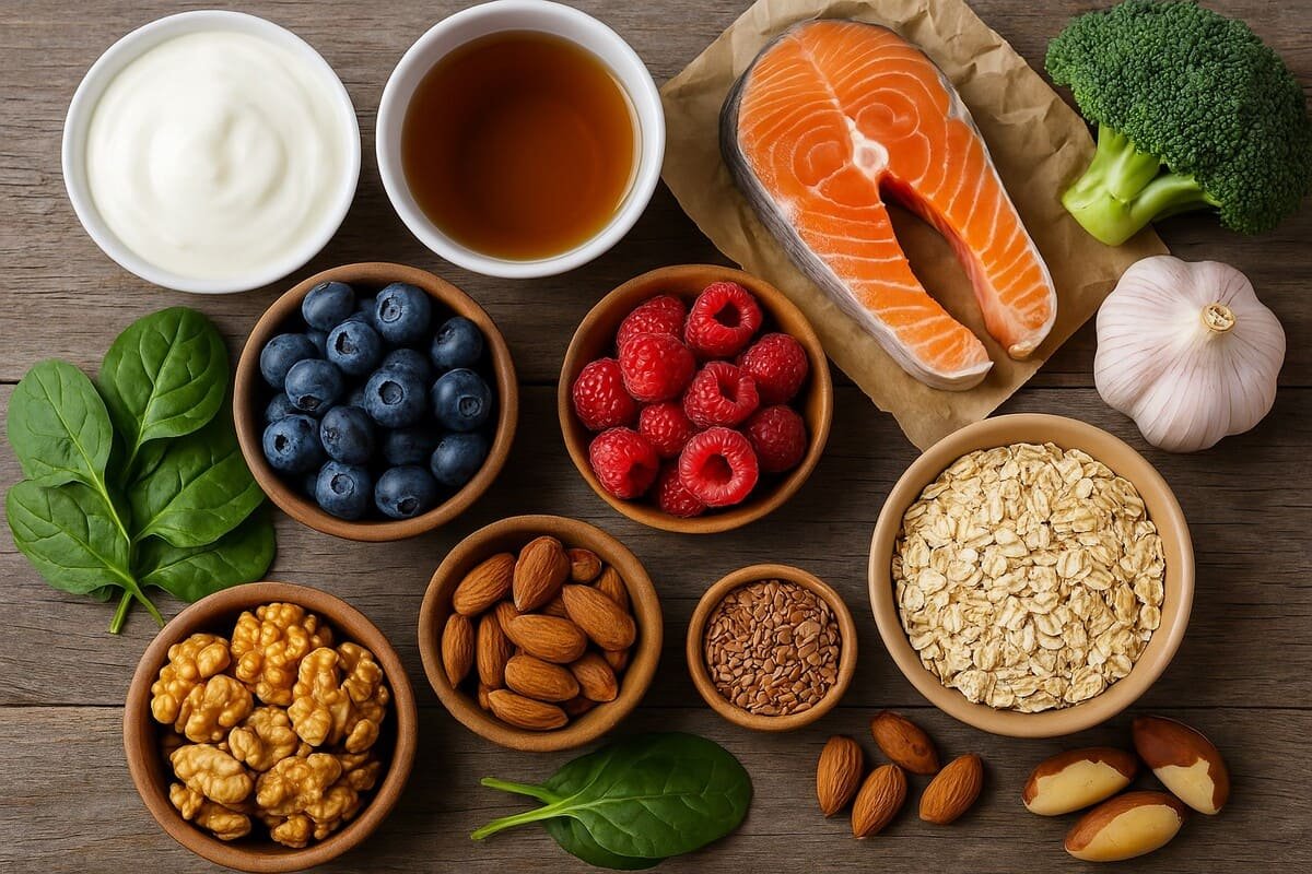 Collage de alimentos funcionais como frutas vermelhas, aveia, peixes ricos em ômega-3, chá verde, linhaça e nozes, representando hábitos saudáveis para melhorar a saúde de forma natural.