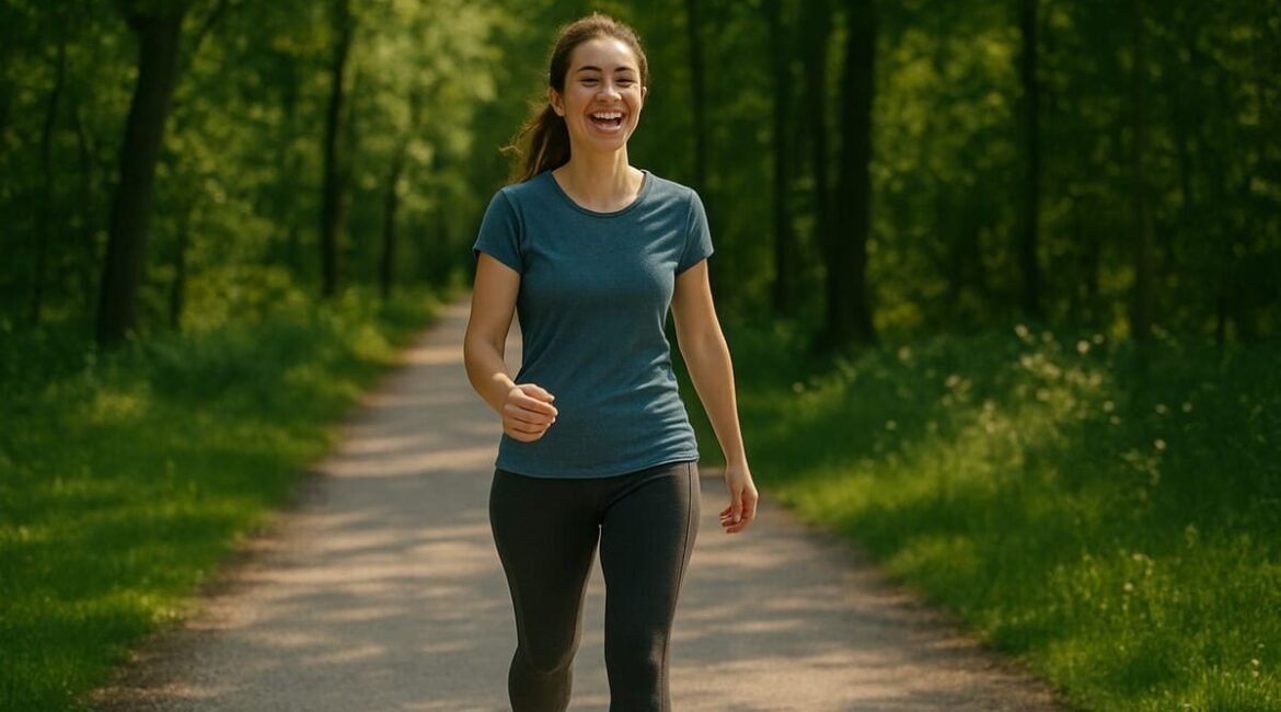 Mulher sorridente caminhando ao ar livre com os pés visíveis, representando os benefícios da caminhada para a saúde e o bem-estar.