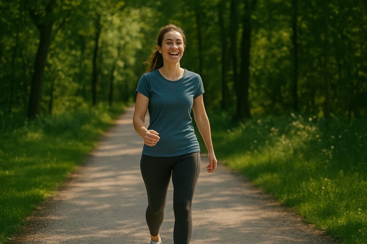 Mulher sorridente caminhando ao ar livre com os pés visíveis, representando os benefícios da caminhada para a saúde e o bem-estar.