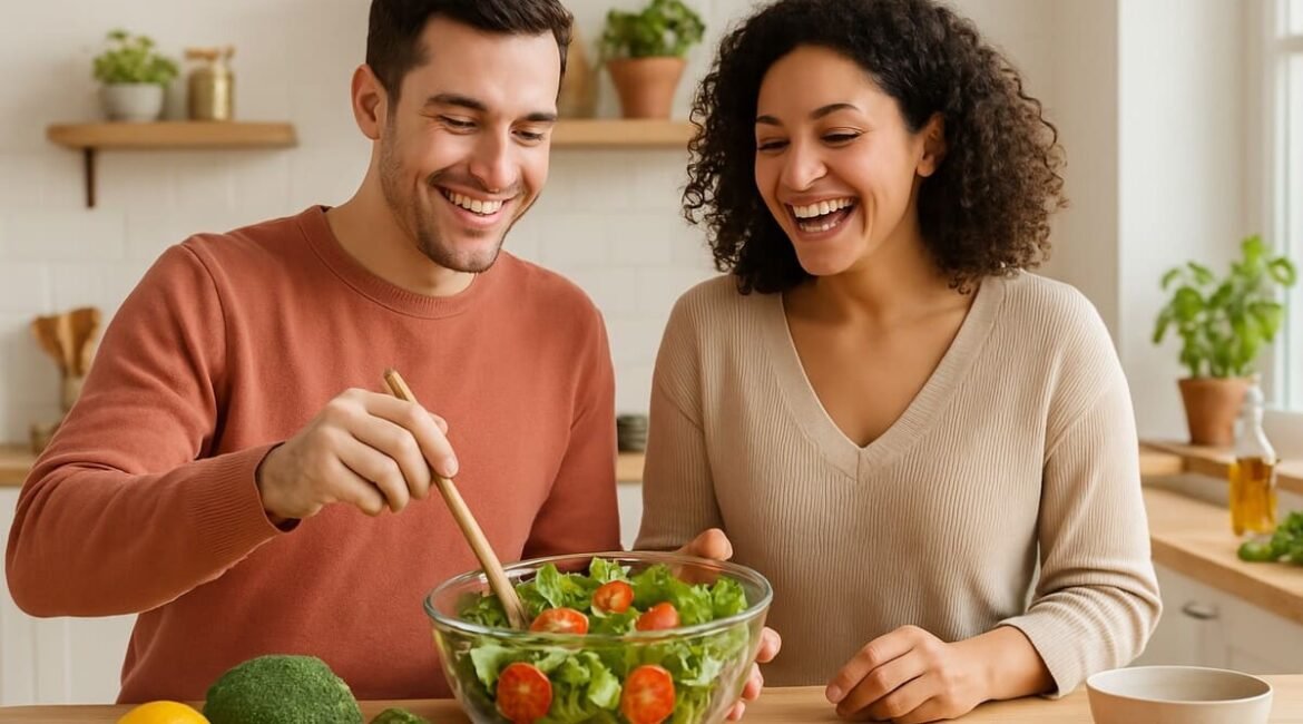 Casal feliz sorrindo enquanto prepara uma refeição saudável juntos na cozinha, representando o hábito de comer bem no dia a dia.