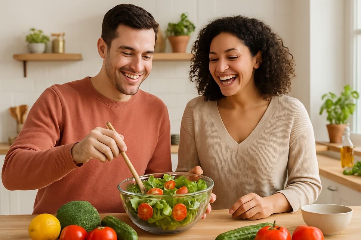 Casal feliz sorrindo enquanto prepara uma refeição saudável juntos na cozinha, representando o hábito de comer bem no dia a dia.
