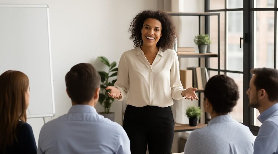 Profissional fazendo apresentação no ambiente de trabalho para um grupo de colegas, representando o hábito da comunicação eficaz.