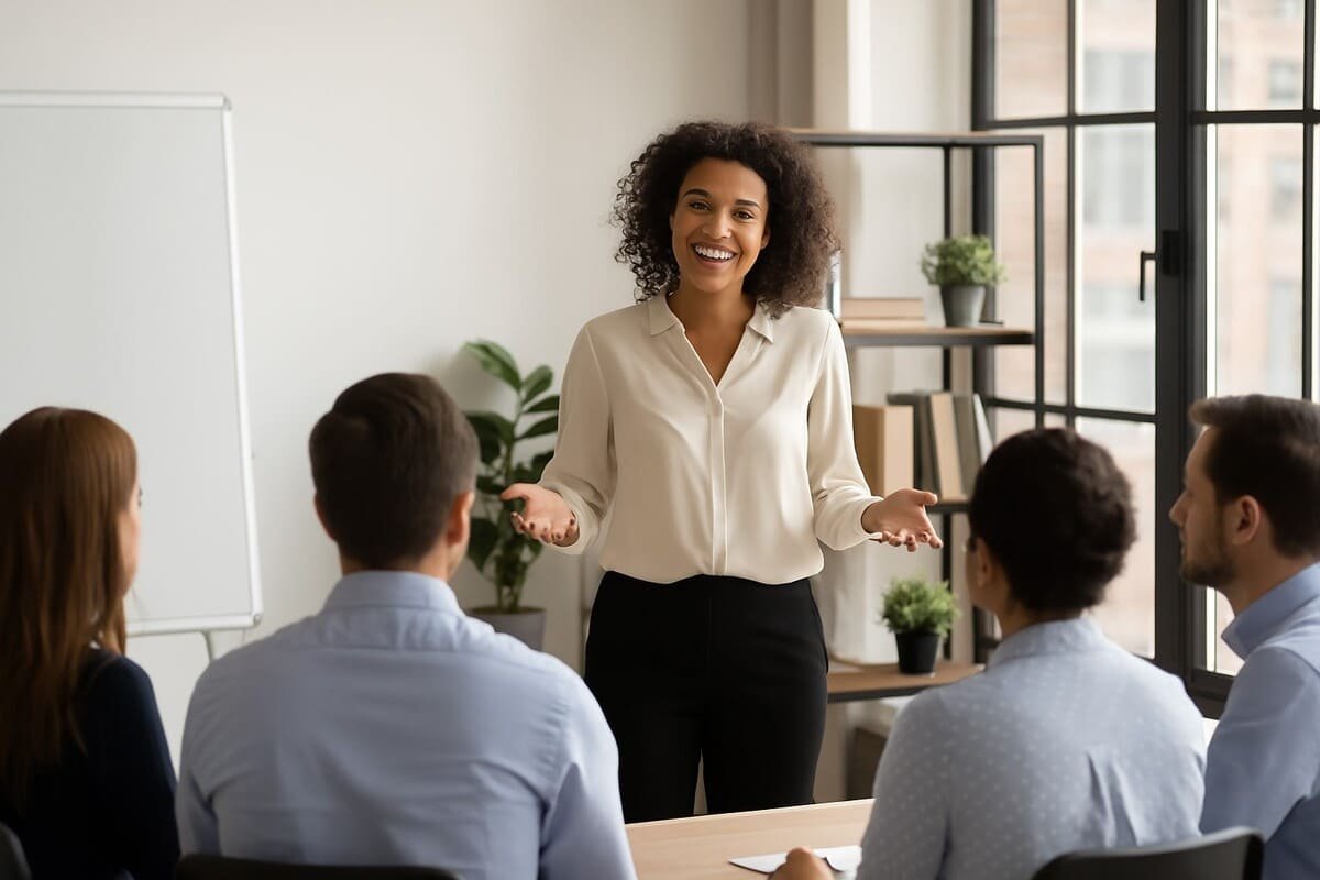 Profissional fazendo apresentação no ambiente de trabalho para um grupo de colegas, representando o hábito da comunicação eficaz.