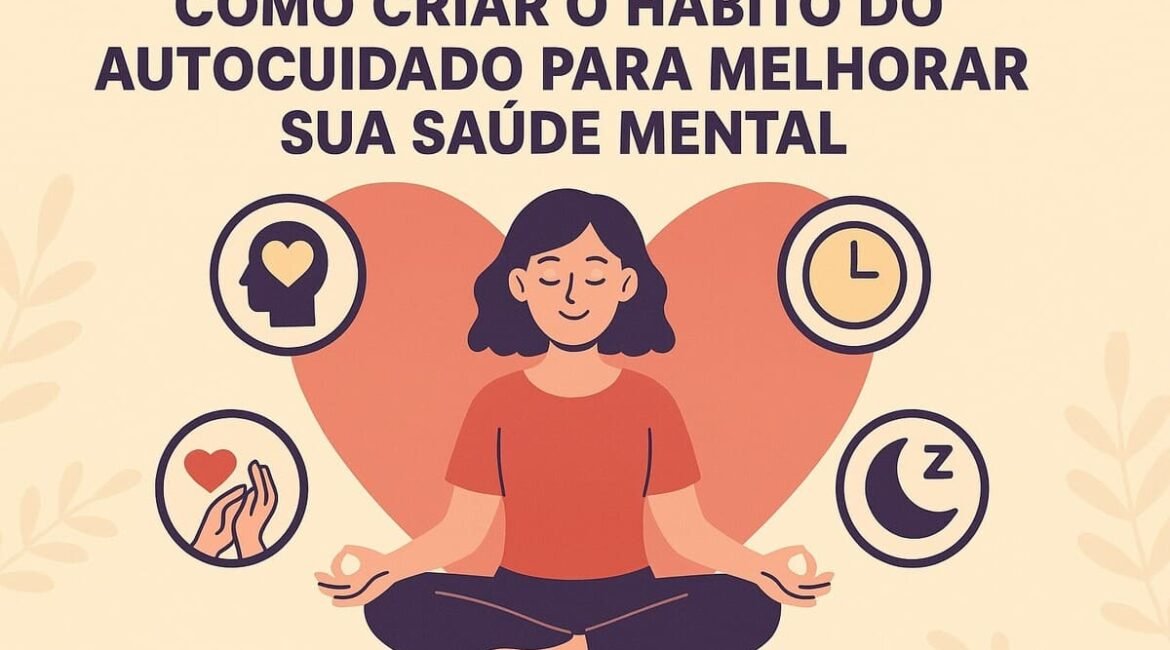 Ilustração de uma mulher relaxando em casa, com elementos de autocuidado como meditação, sono e equilíbrio emocional, representando a saúde mental.