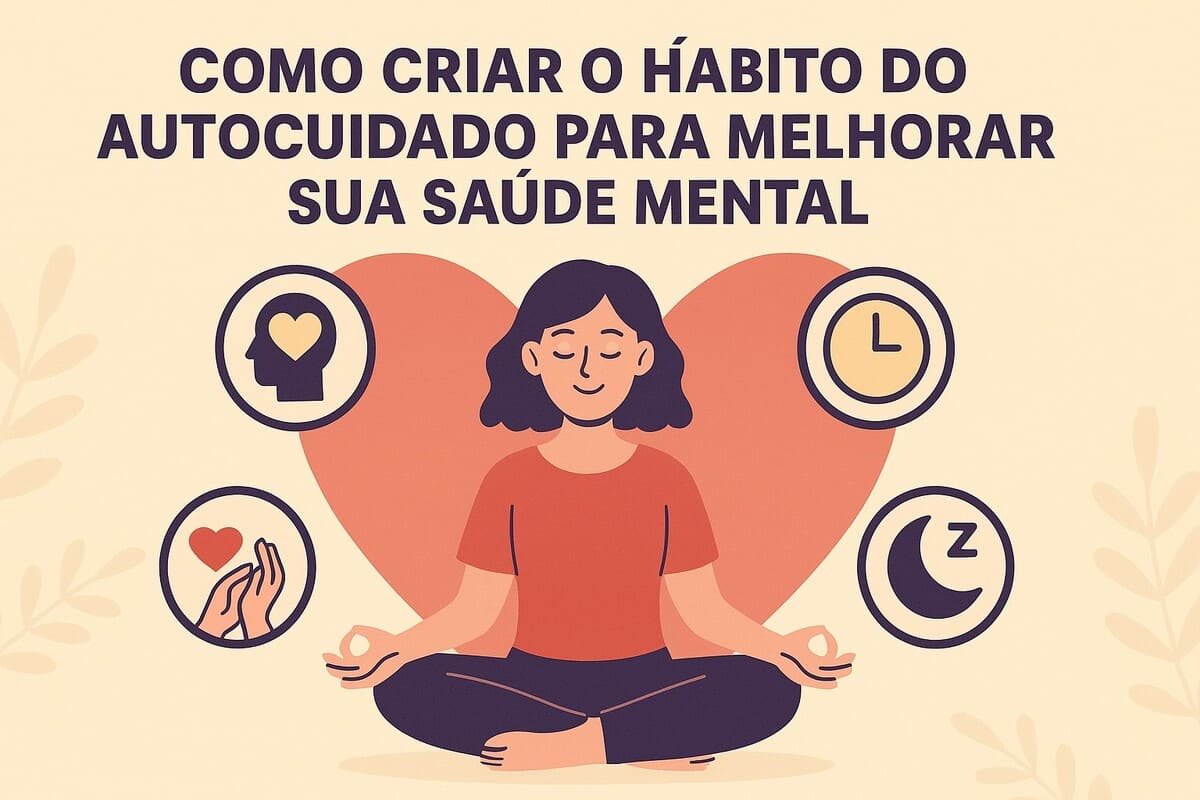 Ilustração de uma mulher relaxando em casa, com elementos de autocuidado como meditação, sono e equilíbrio emocional, representando a saúde mental.