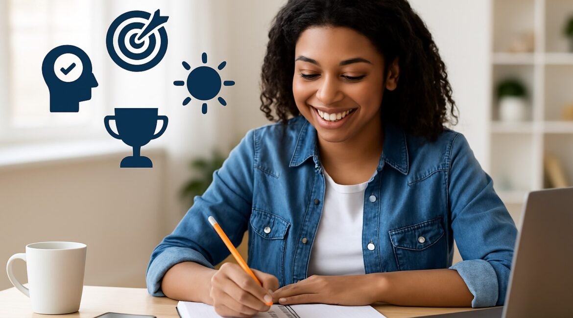 Mulher sorrindo sentada com caderno e xícara de café, simbolizando motivação, foco e equilíbrio na rotina diária