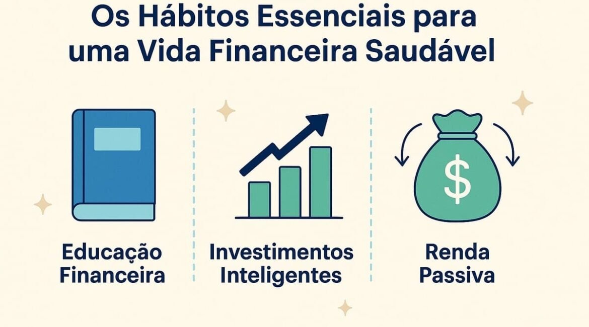 Infográfico ilustrativo sobre hábitos financeiros saudáveis com ícones de educação financeira, investimentos e renda passiva