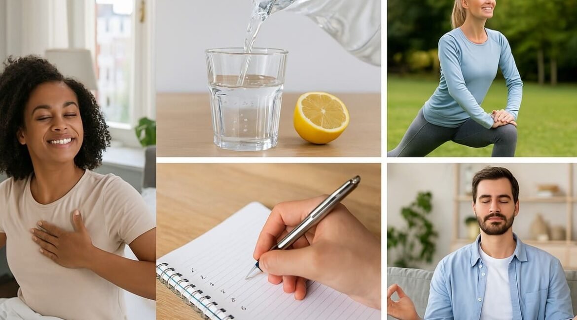 Pessoas reais praticando hábitos matinais saudáveis como meditação, exercícios físicos, planejamento do dia e autocuidado, representando uma rotina produtiva.