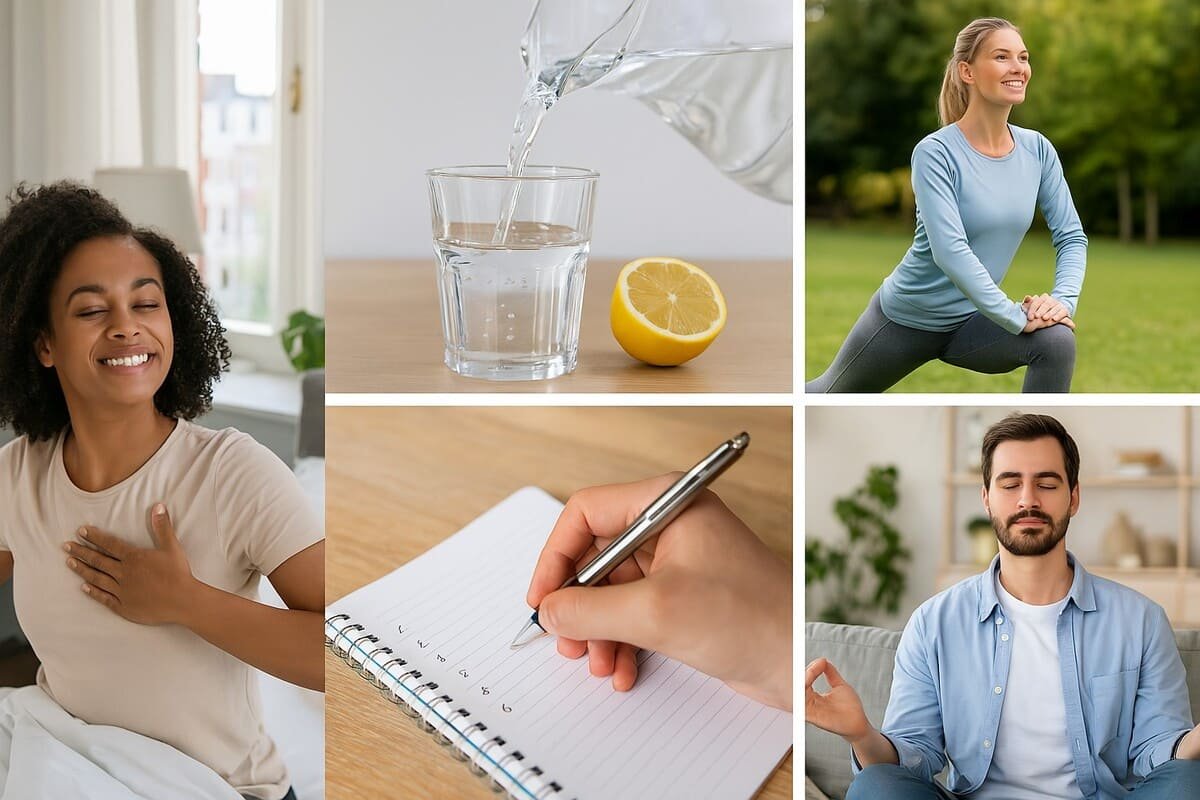 Pessoas reais praticando hábitos matinais saudáveis como meditação, exercícios físicos, planejamento do dia e autocuidado, representando uma rotina produtiva.