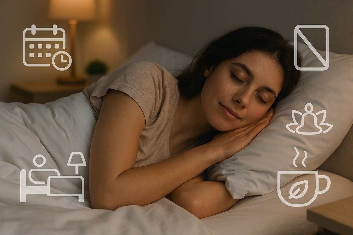 Ambiente relaxante com cama confortável e ícones representando bons hábitos para melhorar o sono