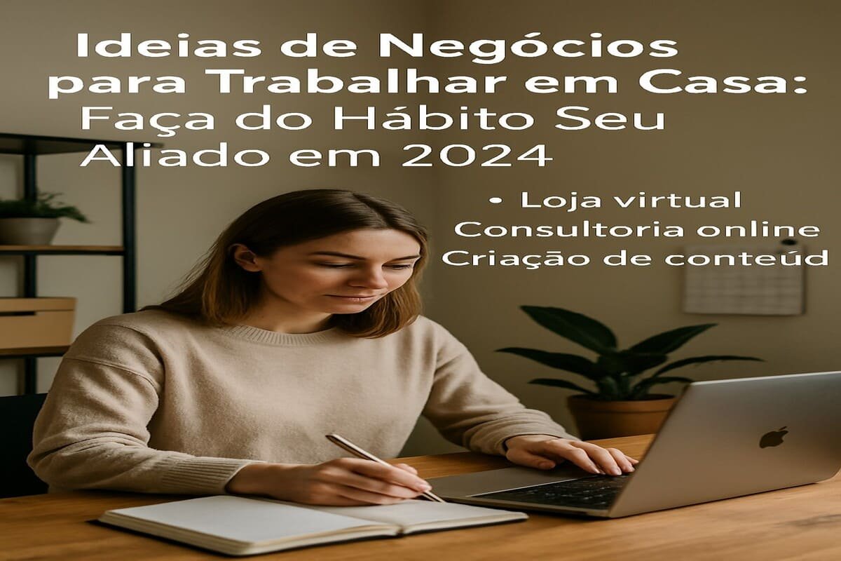 Fotografia de uma mulher escrevendo em um caderno enquanto trabalha em casa, representando ideias de negócios como loja virtual, consultoria online e criação de conteúdo