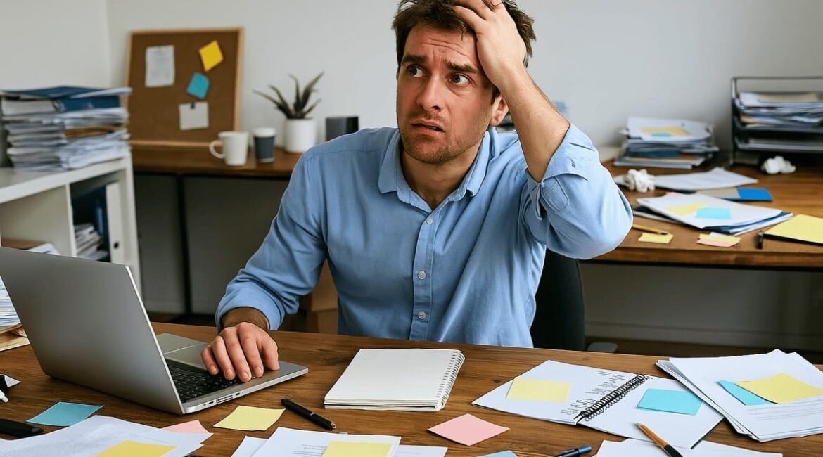 Homem perdido em meio a um ambiente de trabalho bagunçado, simbolizando falta de organização e produtividade.