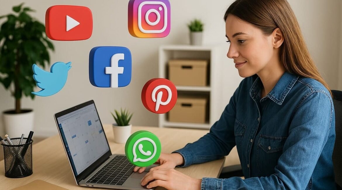 Mulher jovem usando notebook com ícones de redes sociais ao redor, representando o trabalho com social media em 2025.