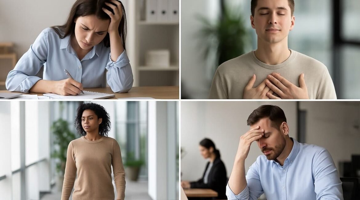 Profissionais enfrentando estresse no ambiente de trabalho em diferentes situações do dia a dia