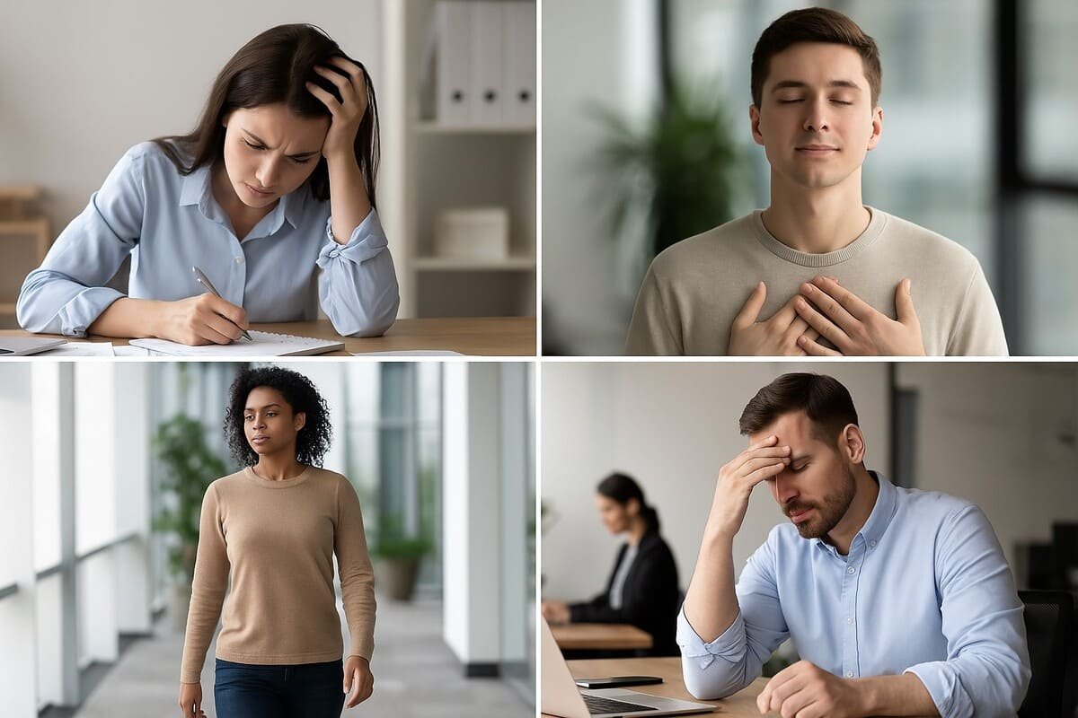 Profissionais enfrentando estresse no ambiente de trabalho em diferentes situações do dia a dia