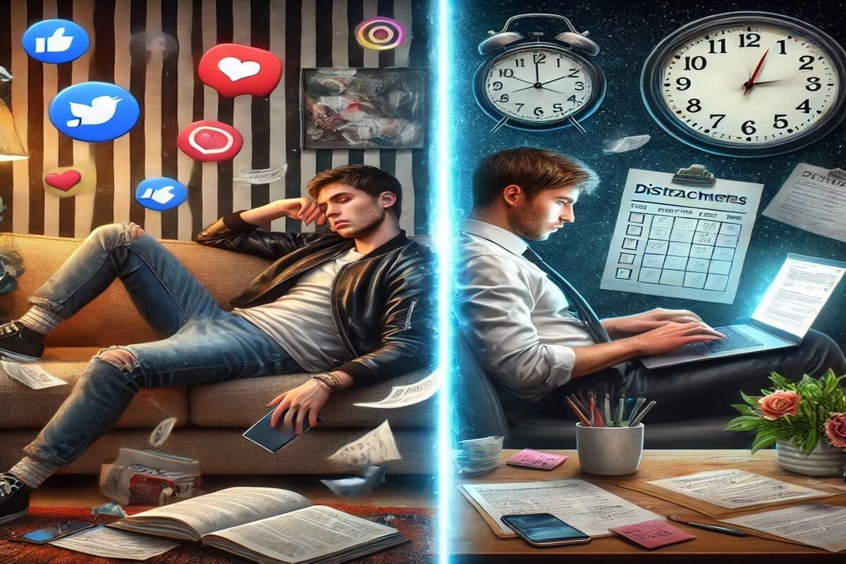 Imagem realista mostrando a diferença entre procrastinação e produtividade. De um lado, um homem distraído no sofá com redes sociais e TV; do outro, ele está focado e trabalhando em um ambiente organizado.