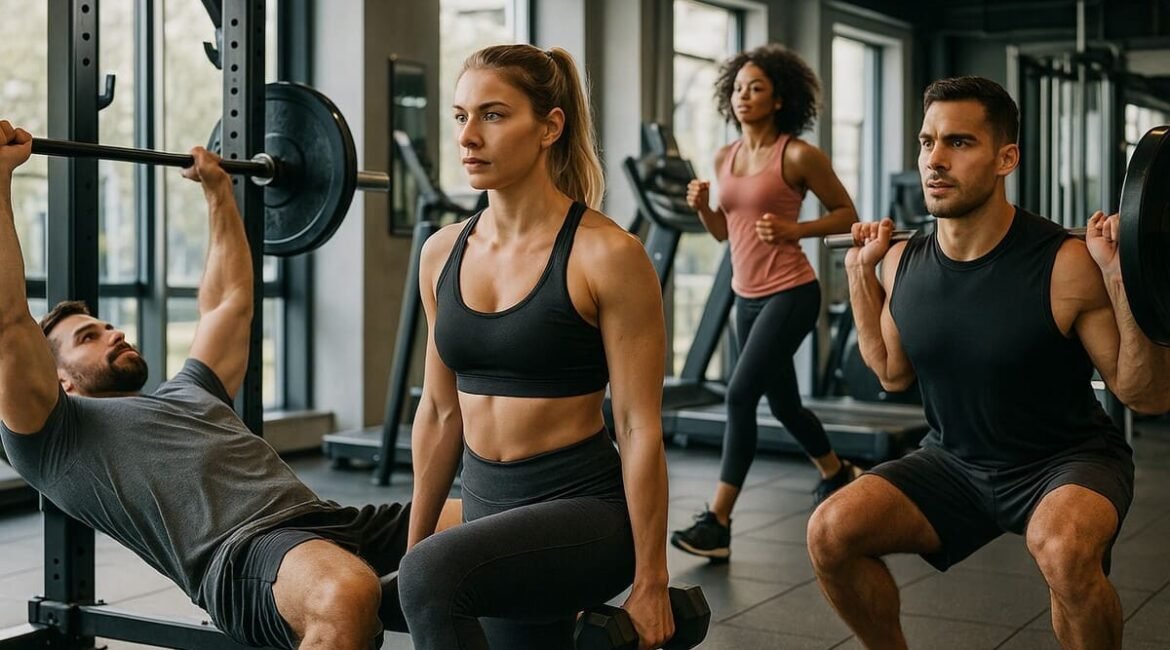 Quatro pessoas de diferentes perfis realizando exercícios de musculação em uma academia moderna com luz natural.