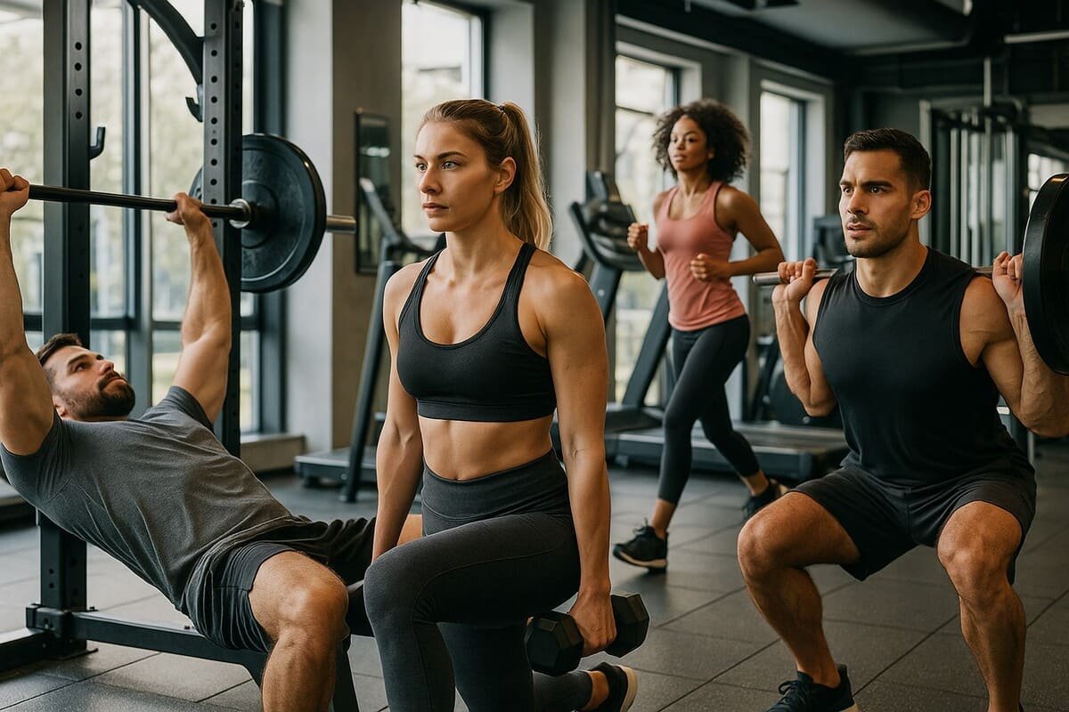 Quatro pessoas de diferentes perfis realizando exercícios de musculação em uma academia moderna com luz natural.