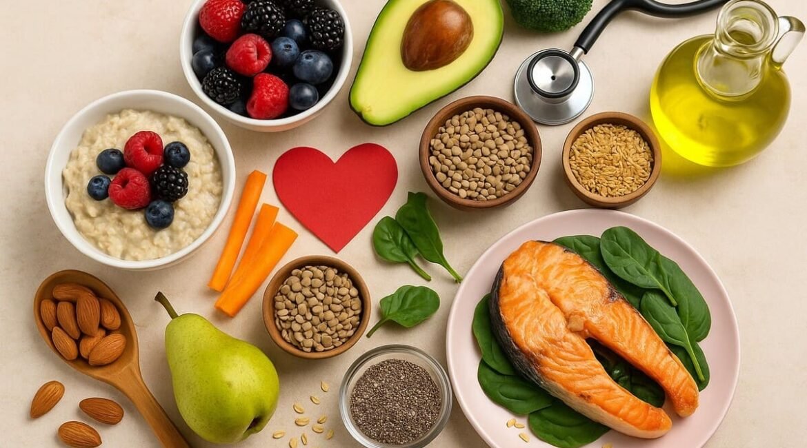 Alimentos saudáveis como aveia, frutas vermelhas, salmão e oleaginosas que ajudam a reduzir o colesterol naturalment