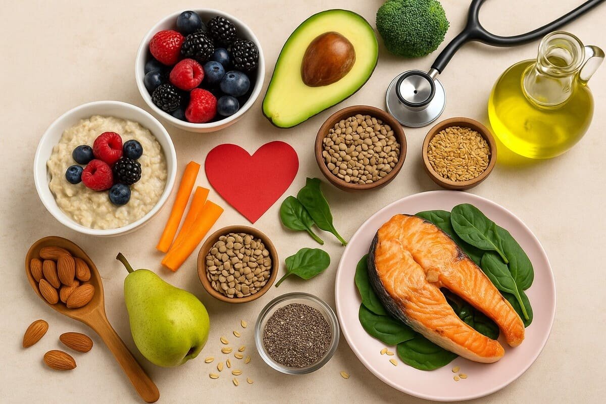 Alimentos saudáveis como aveia, frutas vermelhas, salmão e oleaginosas que ajudam a reduzir o colesterol naturalment