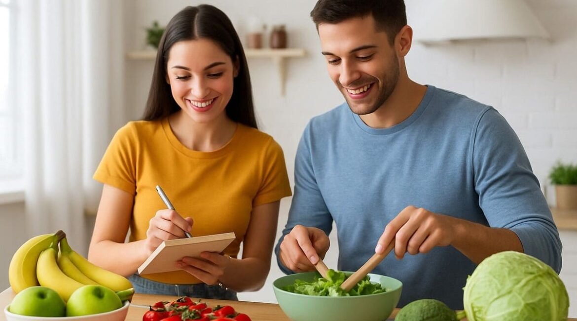 Casal jovem preparando uma refeição saudável com frutas e vegetais frescos em uma cozinha iluminada.