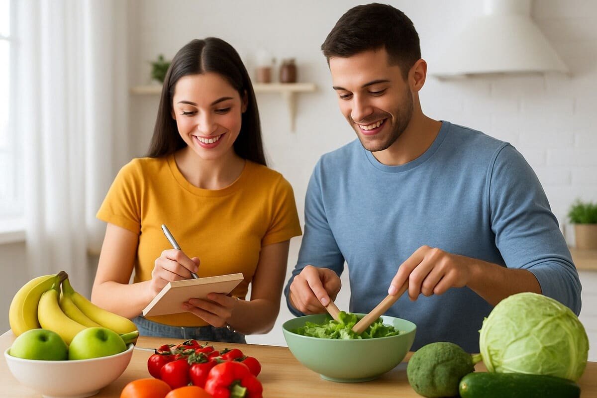 Casal jovem preparando uma refeição saudável com frutas e vegetais frescos em uma cozinha iluminada.