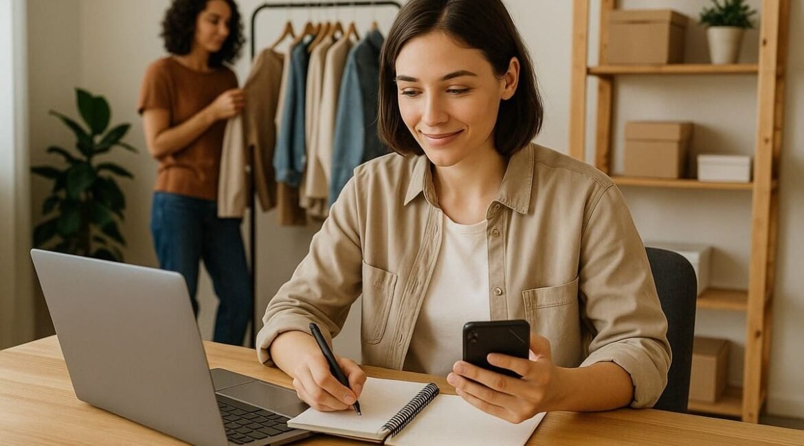 Jovem empreendedora trabalhando em casa, anotando ideias com notebook e celular, enquanto outra mulher organiza roupas ao fundo.