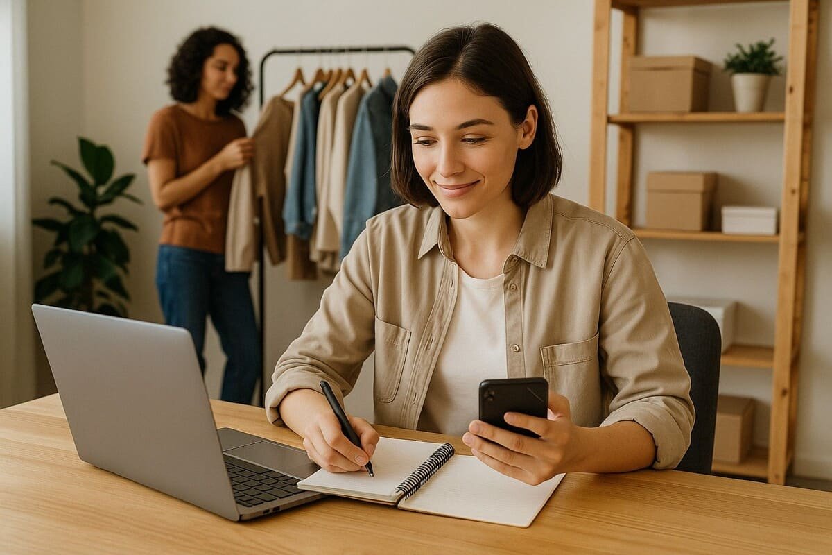 Jovem empreendedora trabalhando em casa, anotando ideias com notebook e celular, enquanto outra mulher organiza roupas ao fundo.