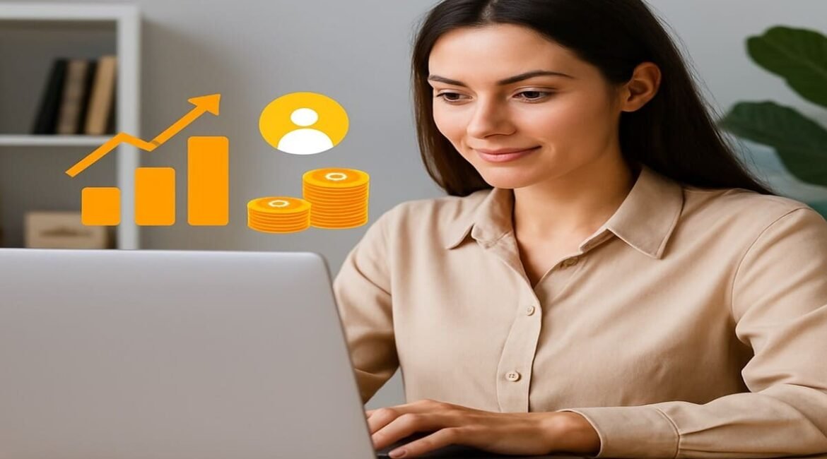 Mulher jovem usando notebook em ambiente de trabalho moderno com ícones de dinheiro ao redor, representando crescimento em vendas online.