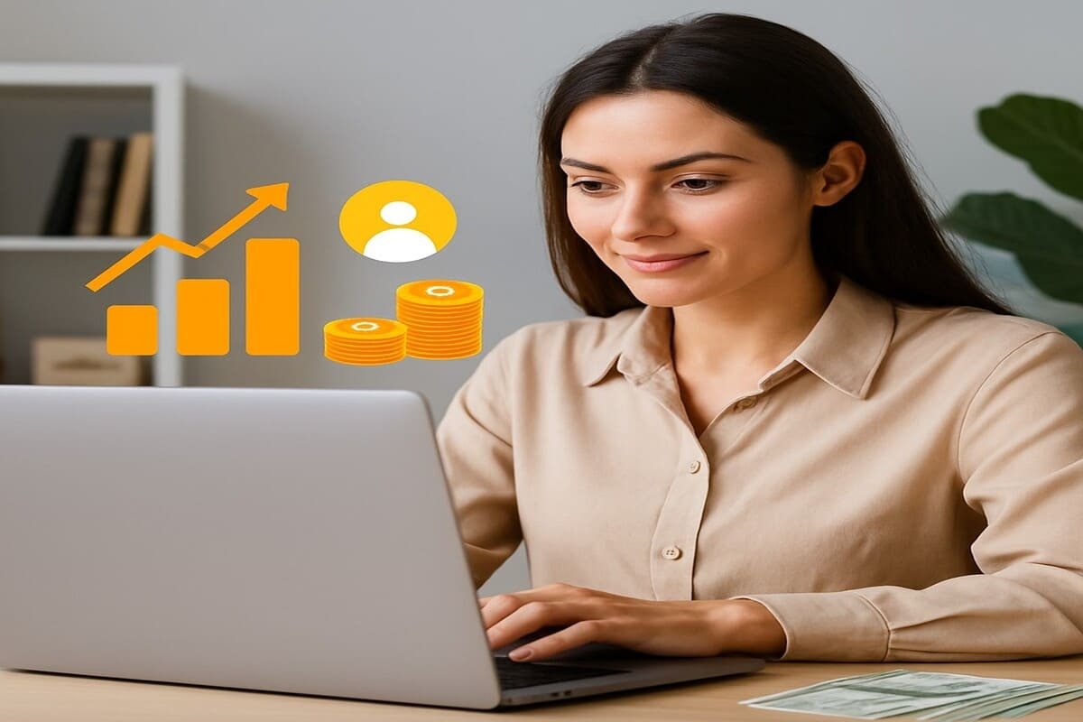 Mulher jovem usando notebook em ambiente de trabalho moderno com ícones de dinheiro ao redor, representando crescimento em vendas online.