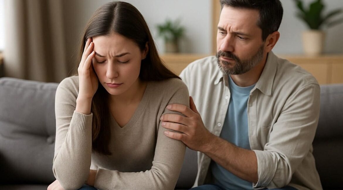 ovem com expressão de tristeza sendo confortada por um homem mais velho em uma sala aconchegante, representando apoio emocional e sinais de depressão.