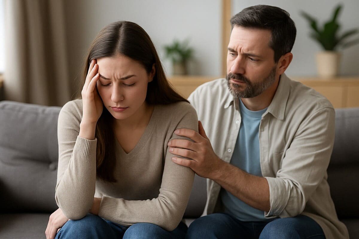 ovem com expressão de tristeza sendo confortada por um homem mais velho em uma sala aconchegante, representando apoio emocional e sinais de depressão.