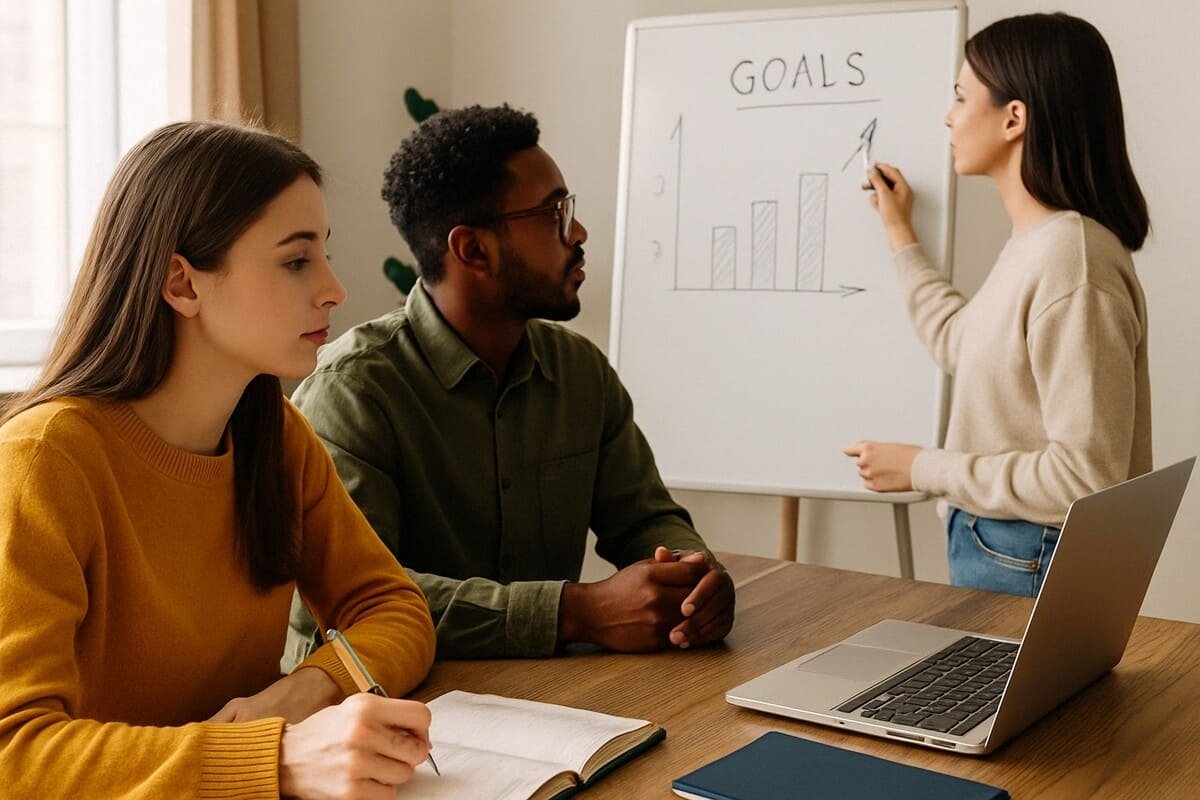 Três pessoas reunidas em uma sala iluminada, planejando metas e estratégias com um quadro branco, caderno e notebook.