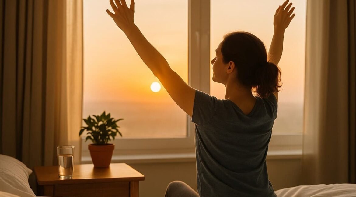 Mulher alongando os braços ao nascer do sol, sentada em sua cama, com um copo de água e uma planta ao lado, simbolizando micro-hábitos saudáveis para longevidade.