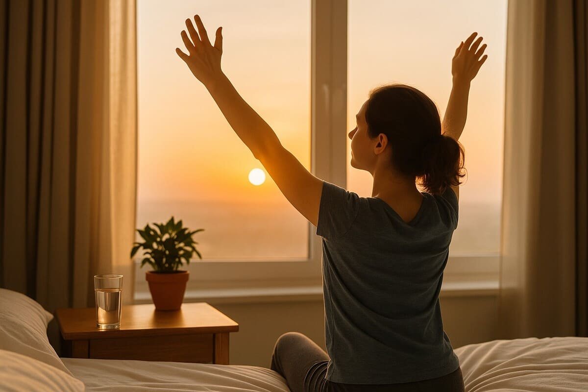 Mulher alongando os braços ao nascer do sol, sentada em sua cama, com um copo de água e uma planta ao lado, simbolizando micro-hábitos saudáveis para longevidade.