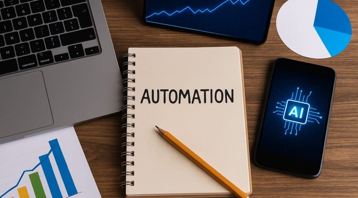 Mesa de trabalho organizada com caderno escrito “AUTOMATION”, lápis, gráficos de crescimento, notebook e smartphone exibindo IA, representando automação e inteligência artificial como hábito em microempresas.