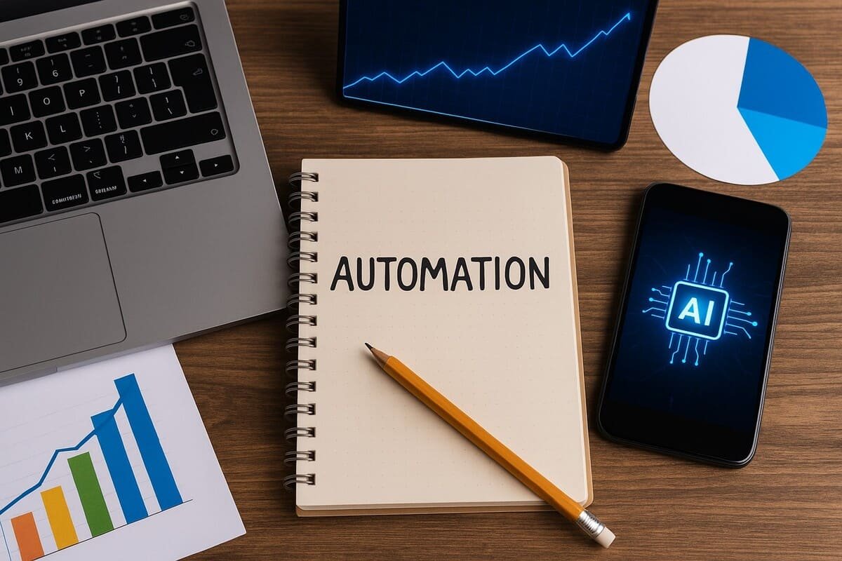 Mesa de trabalho organizada com caderno escrito “AUTOMATION”, lápis, gráficos de crescimento, notebook e smartphone exibindo IA, representando automação e inteligência artificial como hábito em microempresas.