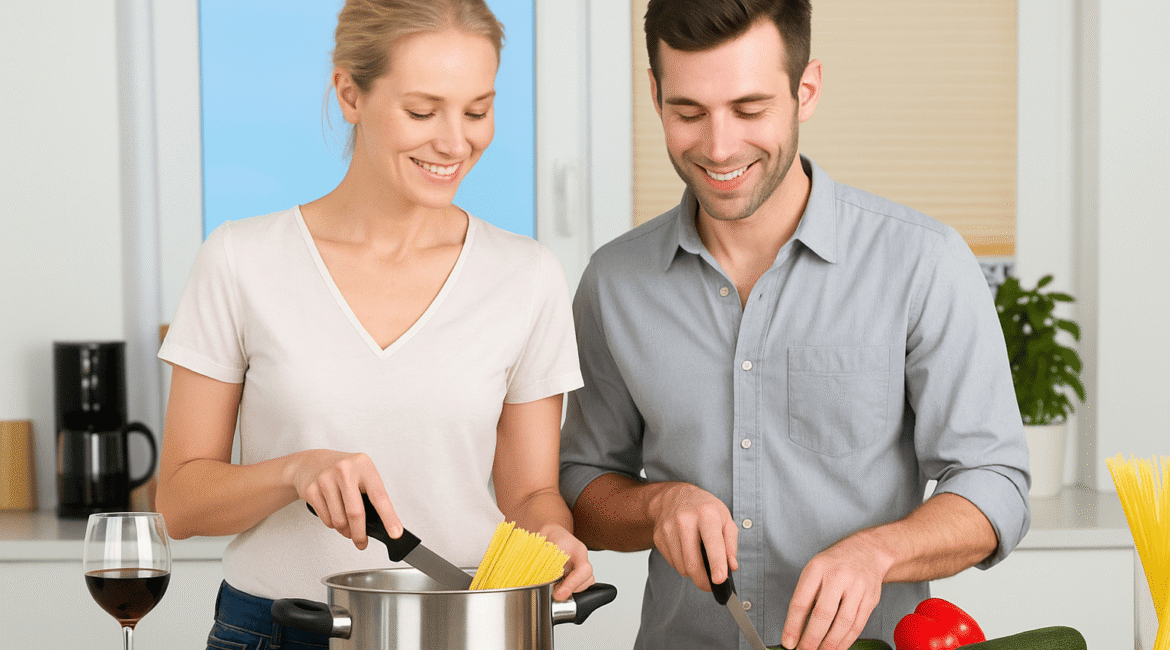 Casal preparando refeição saudável com vegetais frescos