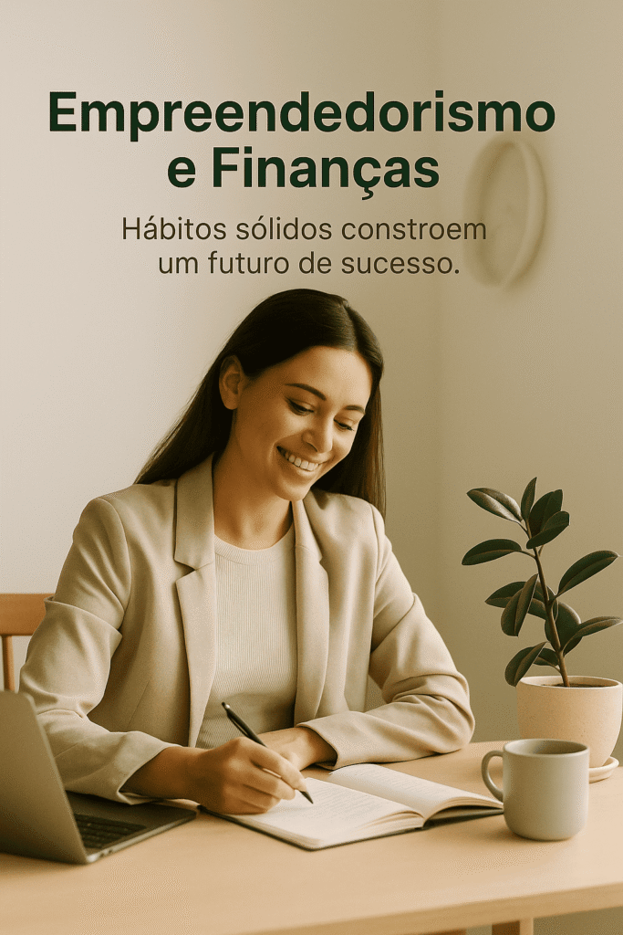 Mulher jovem sorrindo enquanto anota ideias em um caderno, com laptop aberto e xícara de café sobre a mesa, representando empreendedorismo e finanças com foco em hábitos consistentes.