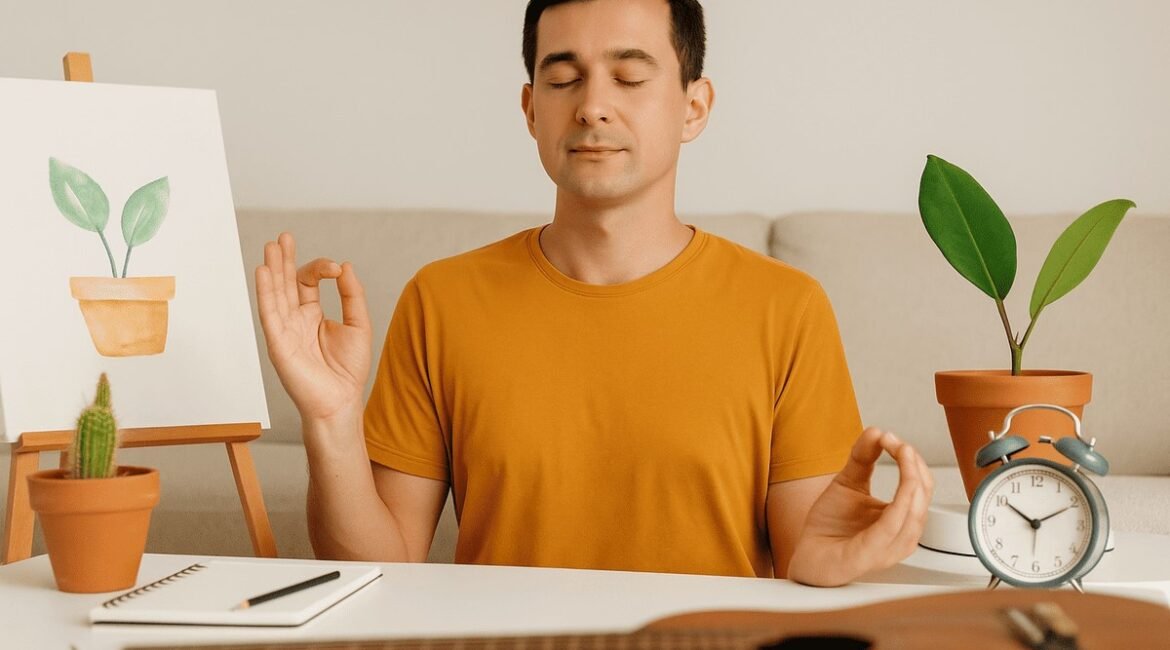 Homem relaxando em ambiente minimalista com plantas, pintura, caderno e violão, representando hobbies criativos para acalmar a mente.